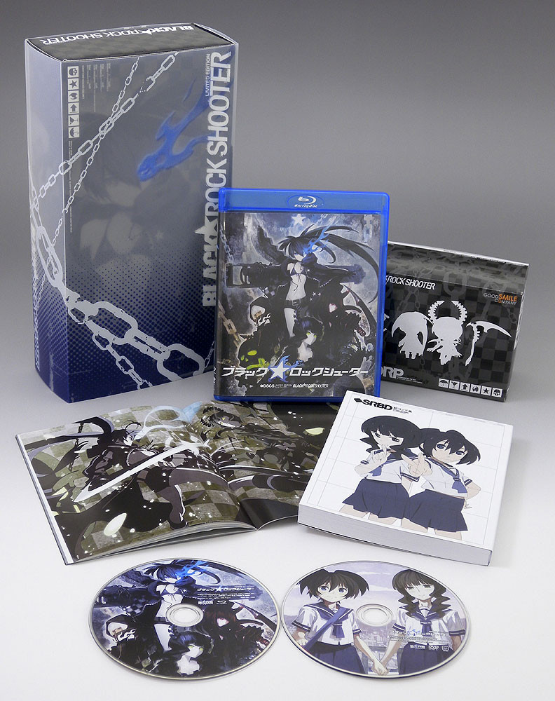 the limited edition of the brs ova. it includes a blu ray, dvd, 2 art books, and two tiny figures of black rock shooter and dead master.