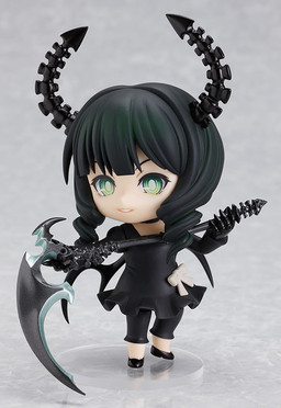 nendoroid of dead master, released in 2010. she has black hair with a green undertone set in twin curls, ridged horns that reach high above her head, straight bangs, and bright green eyes. she's wearing a black puff-sleeved dress that reaches just above her knees, matching black capri leggings, and black pumps. she has small black wings, and wields a scythe.