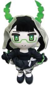 plush of dead master, using her design from the TV anime. her design is similar to her OVA counterpart, but has various instances of bright green trim and ribbon added to it. her horns are bright green, and she wears bright green glasses.