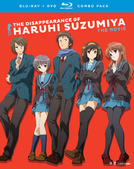 the cover of the disappearance of haruhi suzumiya, on blu ray. the cover features the 5 main cast characters posing leaning up against a wall, with a red background.
