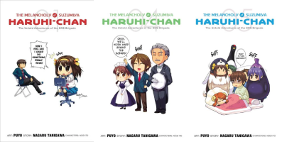covers of volumes 1, 4, and 5, of suzumiya haruhi-chan.