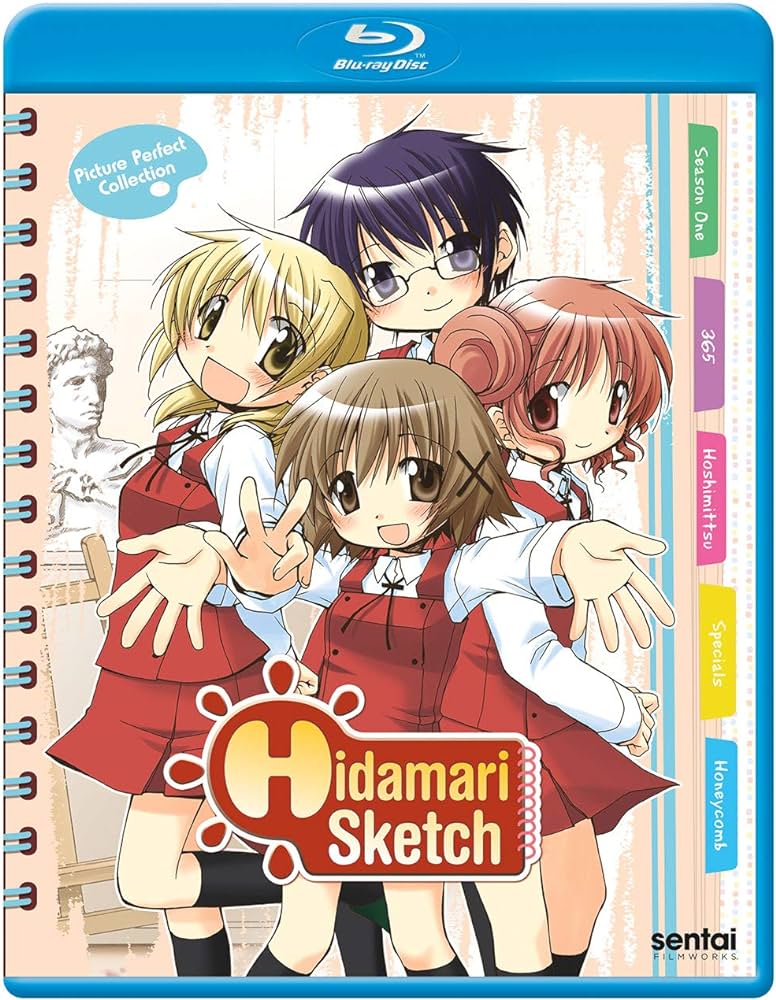the cover of the hidamari sketch picture perfect collection, on blu ray. the cover features key art of the four main characters, on a cream-colored background.