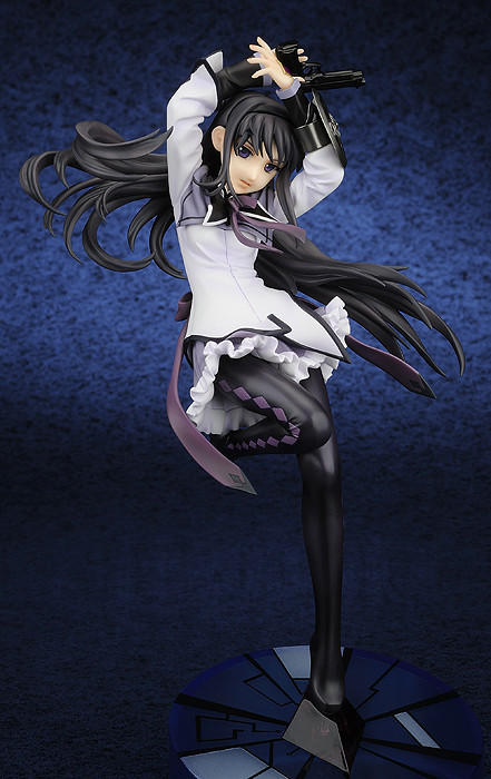 a scale figure of homura akemi, a slim girl with long black hair and violet eyes. she is a magical girl -- a girl with magic powers who fights witches -- and she's wearing her magical girl outfit, a white tunic with a purple collar, with a purple pleated skirt with white frill and a black shirt with white trim at the collar and the end of the sleeves. she's also wearing black tights and kitten heel boots. she has one leg raised, and is leaning back slightly, as if in motion. her hair is blown to her left side slightly, along with her skirt and other parts of her outfit, like her shirt collars and tie. her arms are raised above her head, pistol in her right hand. she wears a serious expression, brows furrowed slightly and eyes focused beyond the view of the camera.
