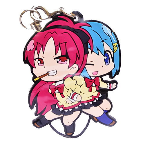 a charm of kyouko and sayaka back to back, arms linked, each wearing a confident smile