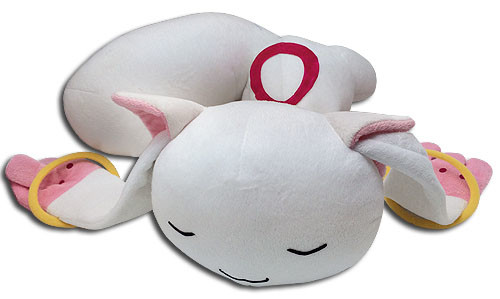 a sleeping lying flat plush of kyubey, a ferret-like animal with white fur, pointed ears, tendrils under the ears that fade from white to pink, with red dots on the top and yellow rings around, a red tear-shaped marking on the fur on it's back, and a large white fluffy tail. it's facial expression is cat-like with round dark pink eyes, and it's expression does not change.