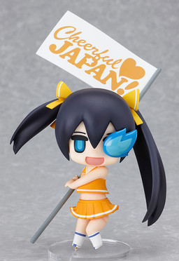 nendoroid of puchitto rock shooter, released in 2011. she looks much like black rock shooter, but her hair is neater and her face looks silly. she's wearing an orange cheer outfit, orange being the mascot color for good smile company. she's waving a large orange and white cheerful japan flag as well.