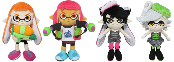 plushes of various splatoon characters. from left to right, they are the inkling girl from splatoon 1, the inkling girl from splatoon 2, callie, and marie.