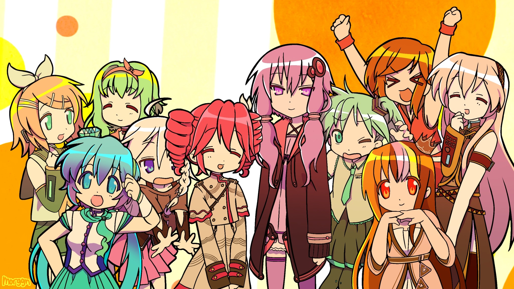 A screenshot redraw of Lucky Star, featuring Vocaloid and Synthesizer V characters. From left to right: Rin, Gumi, Lapis, IA, Teto, Yukari, Miku, Galaco, Meiko, and Luka.