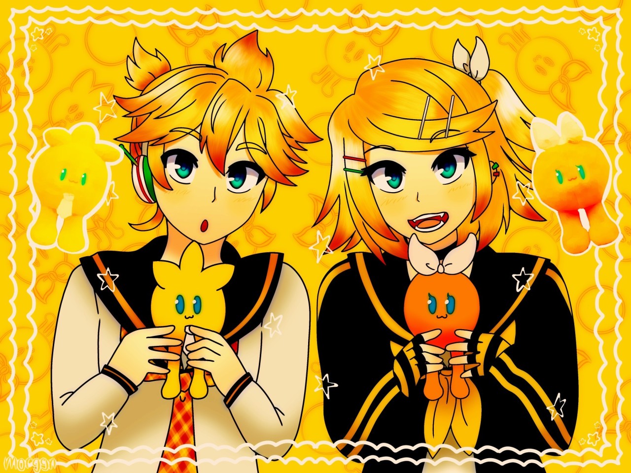 Rin and Len, holding small round plushes with little legs, Rin with an orange one with a bow, and Len with a yellow one with fringe resembling his and a white tie
