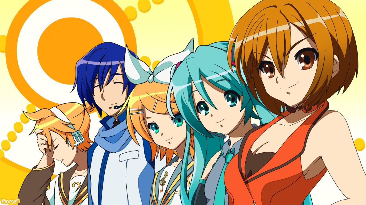 A screenshot redraw from Haruhi Suzumiya, featuring the 5 Crypton Vocaloids released prior to 2009 standing in a row moving away from the camera. From front to back is Meiko, Miku, Rin, Kaito, and Len.