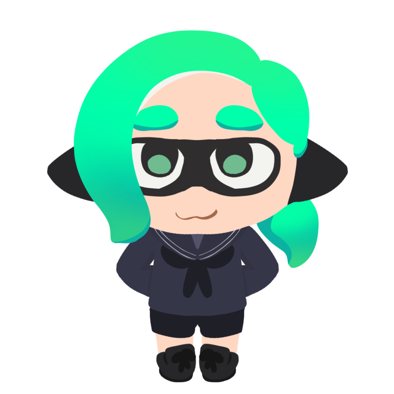 surf green inkling, with a low side ponytail, wearing a dark sailor shirt and headphones