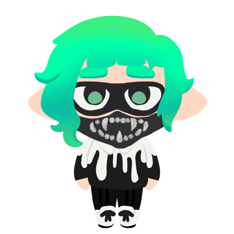 surf green inkling, with a messy haircut, a black and white paint-drip shirt, a skull bandana, and white boots