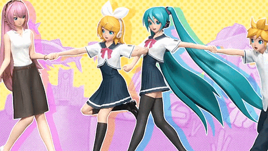 a gif from project diva 2nd. it's a pre-rendered picture of rin, len, miku and luka together, panning from left to right