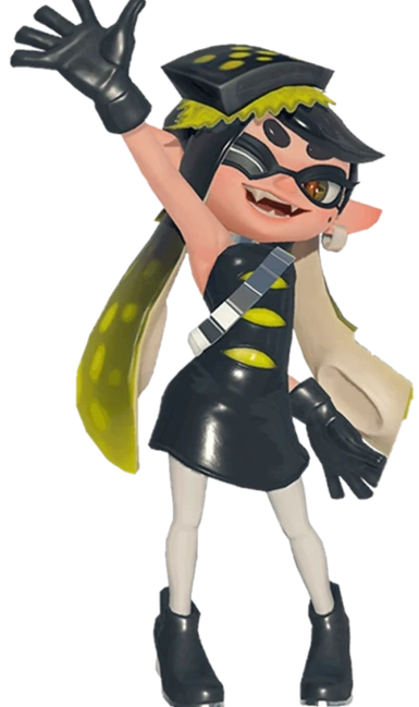callie's splatoon 3 render. her outfit is similar to her original outfit, but now features a black and yellow dress instead of a romper, with black gloves and boots, white tights, and a silvery metal sash. she wears one of her tentacles pinned back, her ikayaki hair accessory is black and yellow. the ends of her tentacles are yellow. she is smiling and waving at the camera with her arm extended high into the air