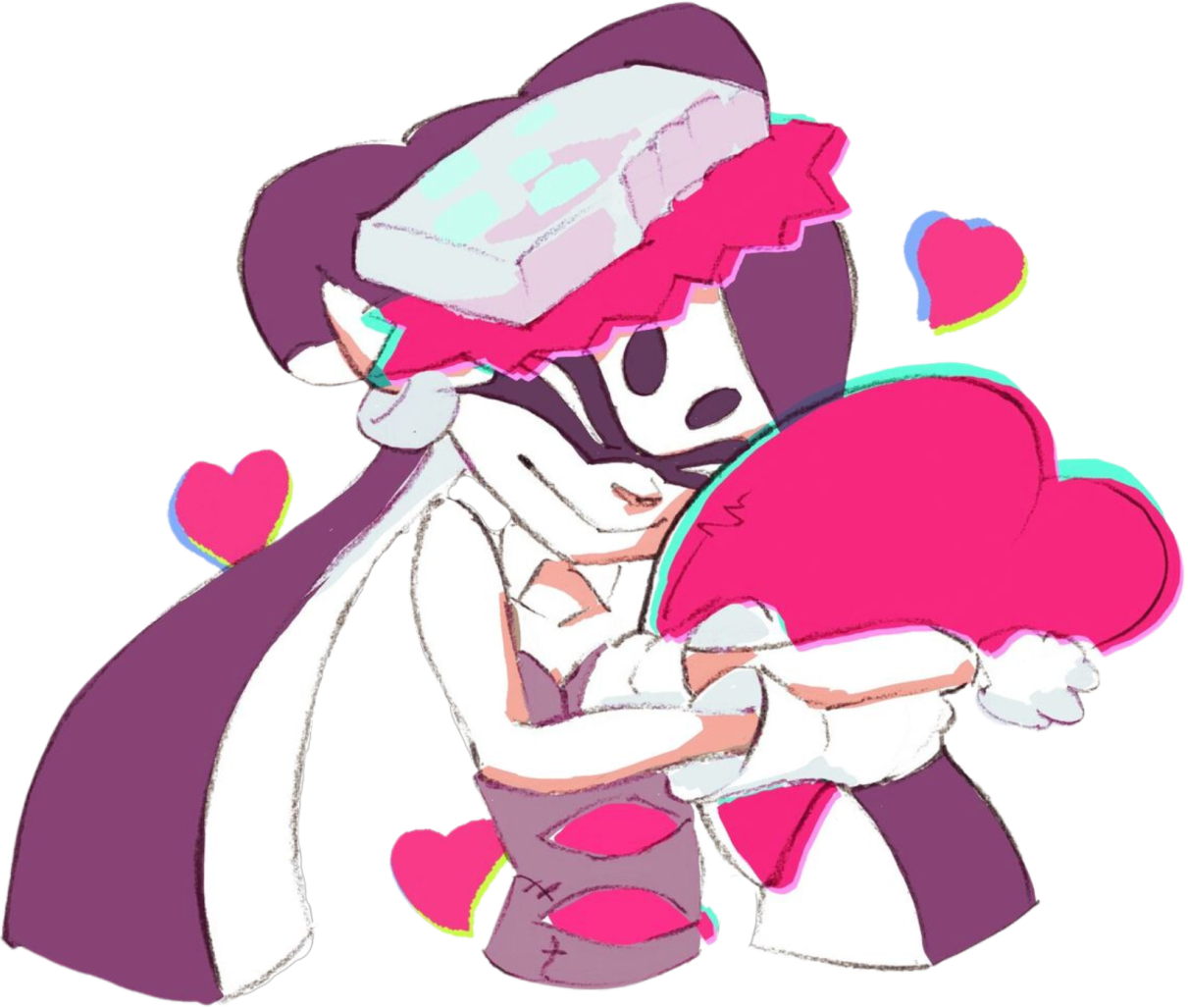 callie hugging a pink heart, artwork for the love vs. money splatfest