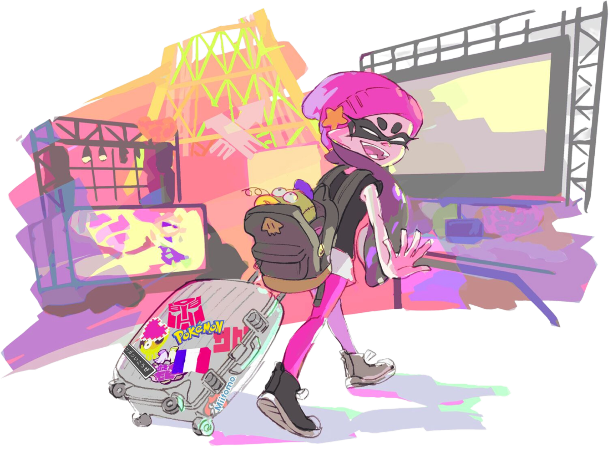artwork of callie travelling, with a suitcase in tow, away from inkopolis. she is wearing a bright smile