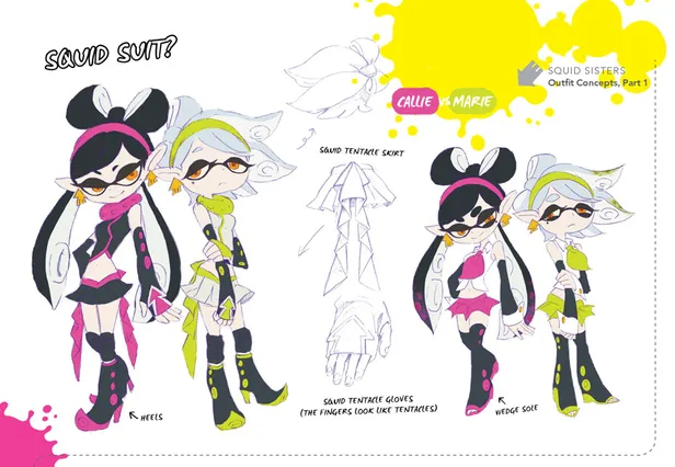 concept art of callie and marie. their designs differ from the finalized design, with one set of outfits including a headband, gold squid-shaped earrings, detached sleeves that end with a squid-like arrow pointing up the arm, skirts with trim in each character's image color and a squid-tentacle-like bow at the back of each skirt, puffy scarves, zip-up shirts, knee guards, and pointy heeled shoes. the other set of outfits is similar, and has the same headband and earrings, but features a sailor-like shirt with a large pointed bow, a plain skirt with no bow, detached sleeves that end with a rolled cuff and a gold button, and above the knee boots with a wedge heel and what seem to be small colored speakers attached to the leg of the boot.