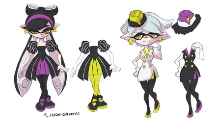 concept art of callie and marie. their designs feature the headband and earrings found in other concept design, but the dress on the left draws inspiration from european almost princess-like fashion, with the skirt being tiered and pleated, and featuring big puffy princess sleeves with white trim running up to the shoulder. the design also features 'flashy sneakers', as noted below the design. the second design seems to have a flight attendant motif, with marie wearing an old-style flight attendants cap and the dress being a white one-piece, paired with black leggings and plain heels in her image color.