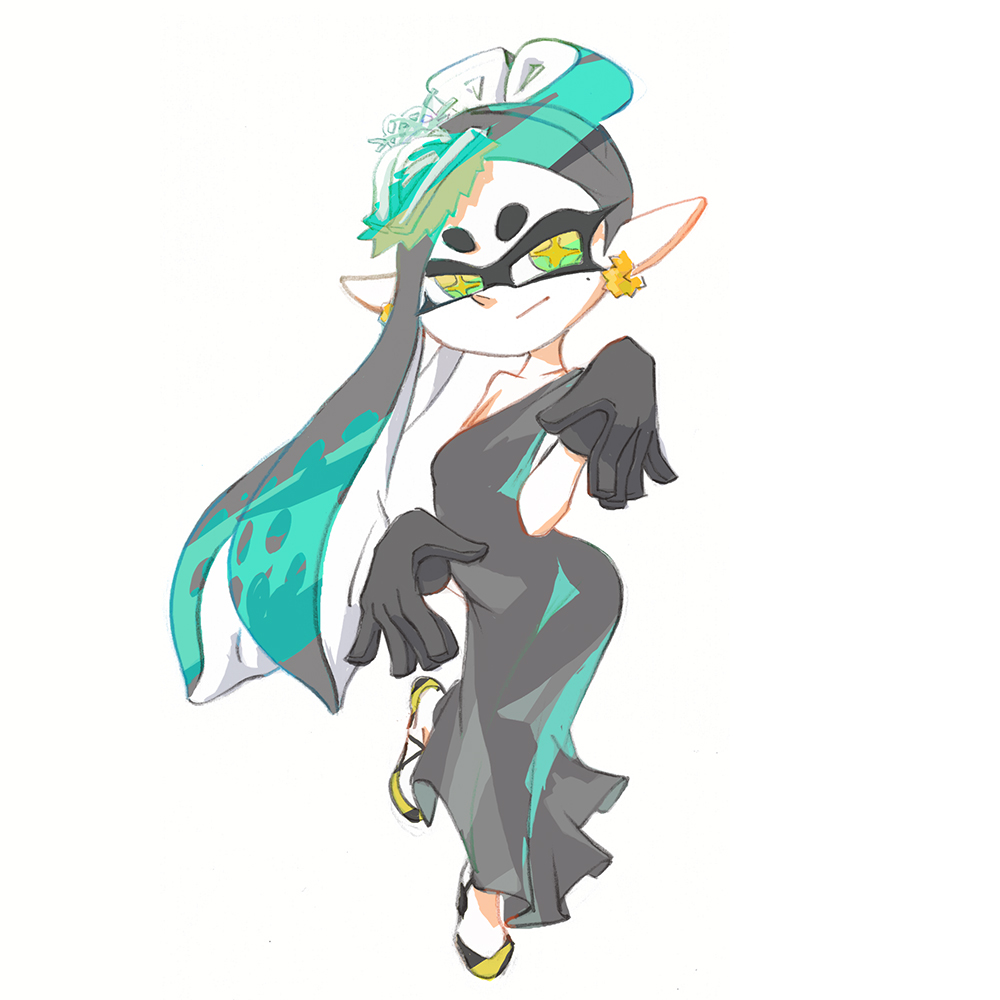 callie in a fancy dress with her tentacles pinned to the side, for the fancy party vs. costume party splatfest
