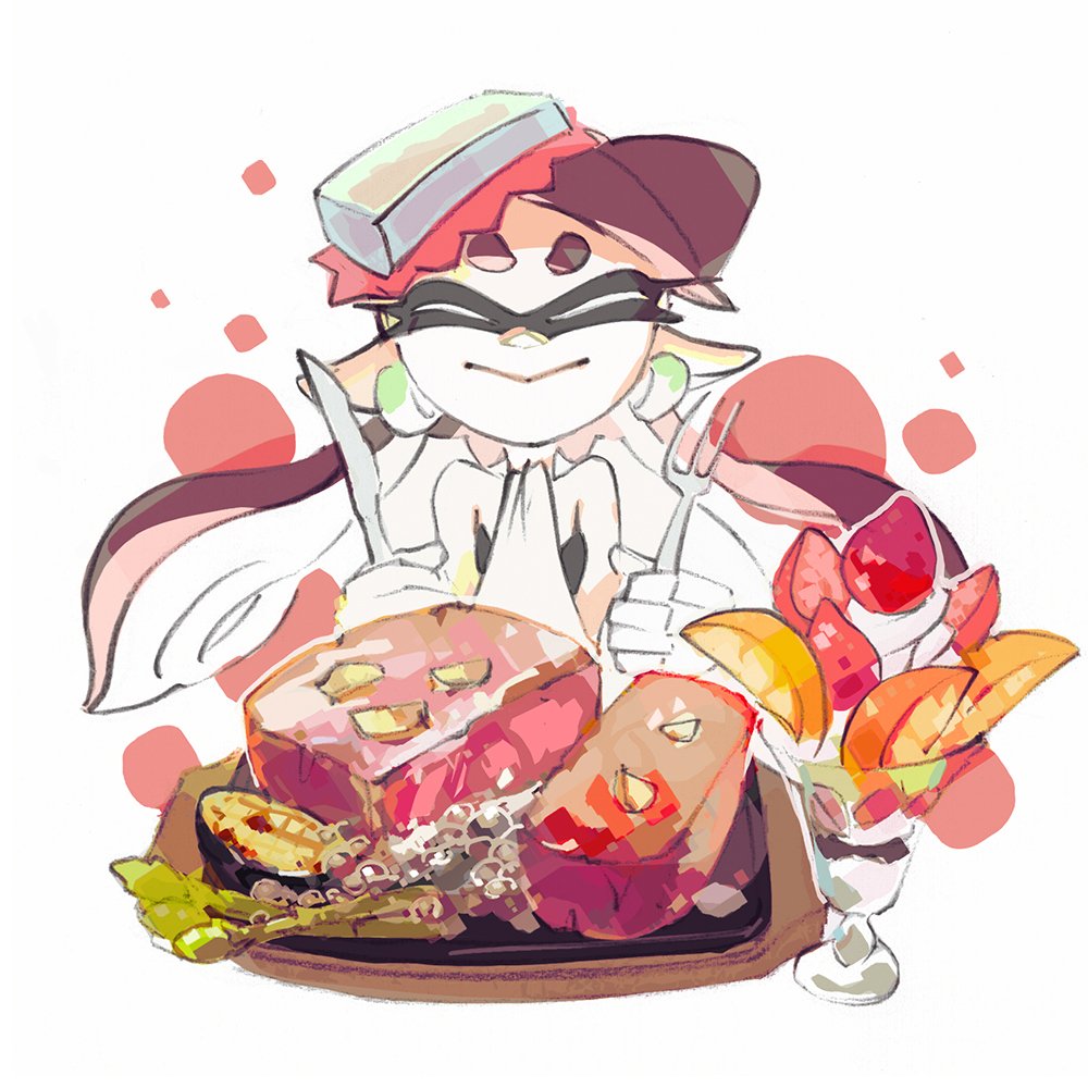 callie in front of a big plate of food, for the seafood vs. mountain food splatfest